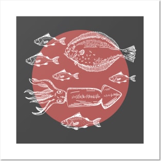 Sea Fishes - Hand Drawn - Red Posters and Art